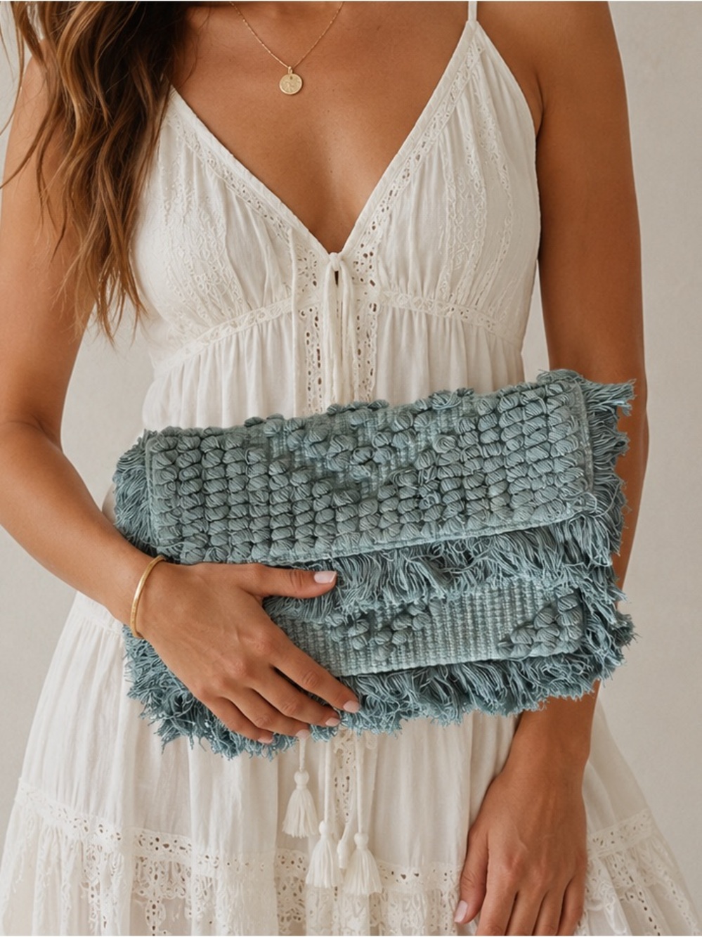 Roller Rabbit Boho Fringe Clutch | Textured Woven Blue Foldover Bag